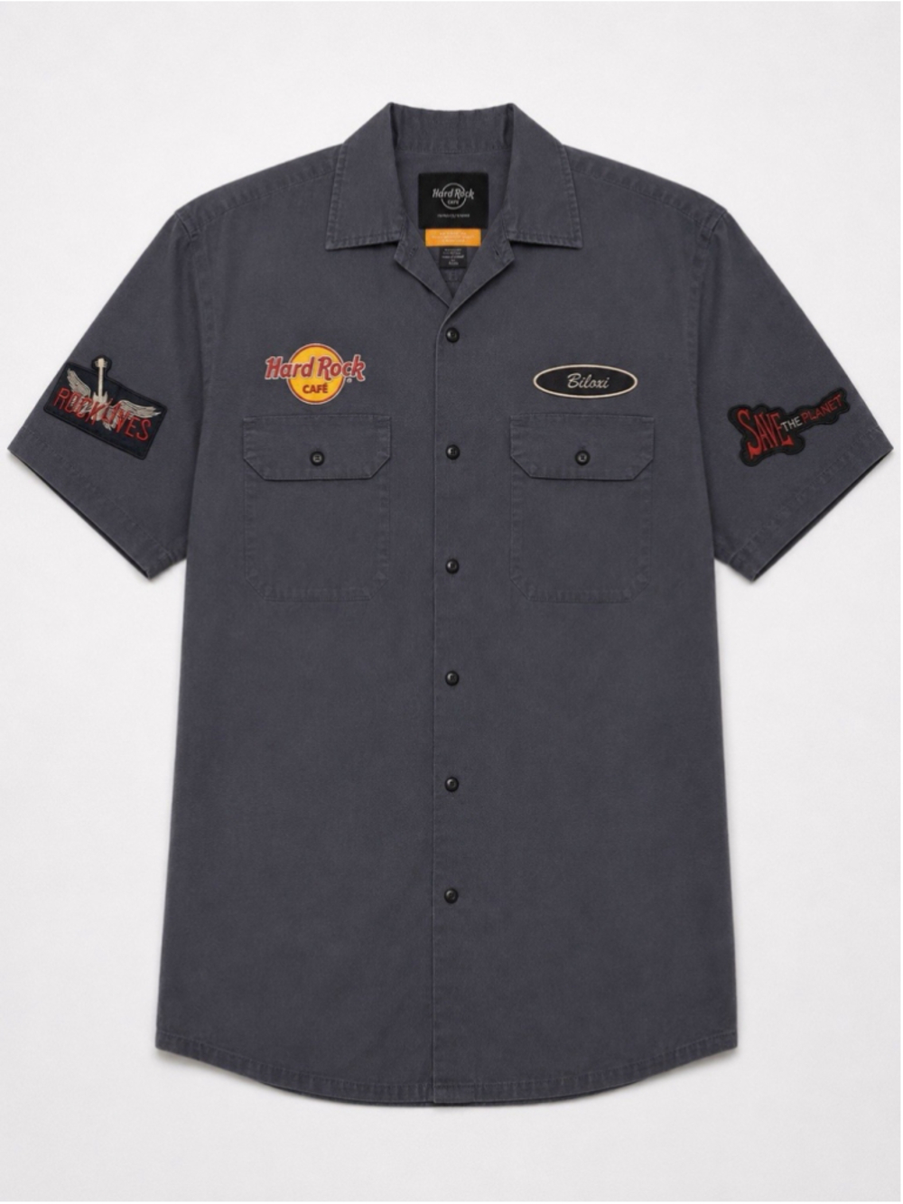 Hard Rock Cafe Short Sleeve Button Up Shirt Mens XL Gray Rock Lives Save Planet